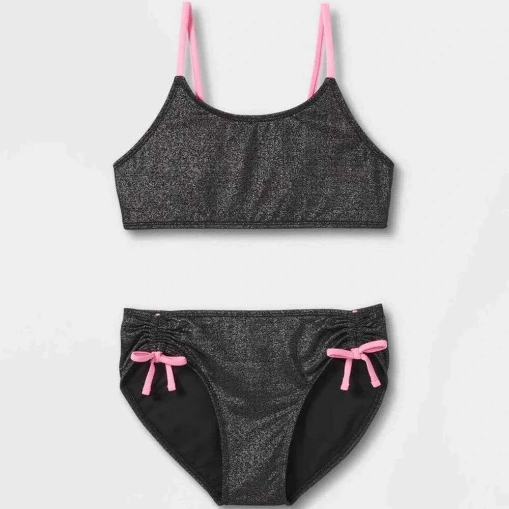 Art Class Girls' Pink / Black Sparkles 2 Piece Bikini Swim Set - Sz L 10/12